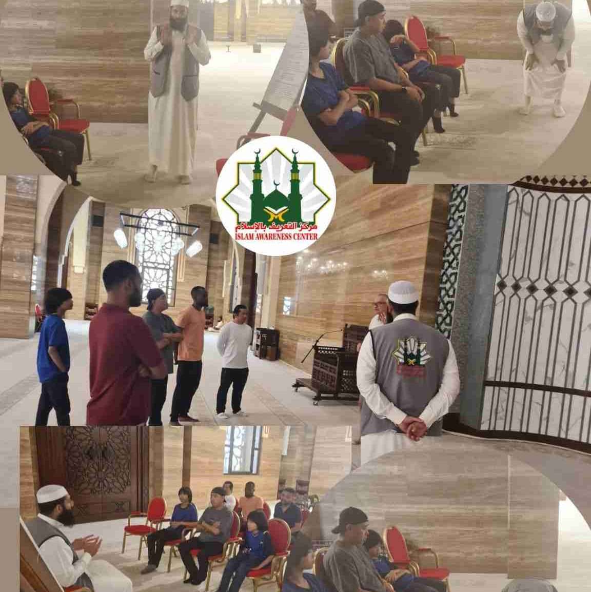 Collage of pictures showing New Muslims learning how to make wudu/ablution and salah/prayer at the Grand Mosuqe in Bahrain